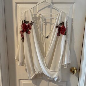 Charlotte Russe White Blouse with Red Floral Embroidery